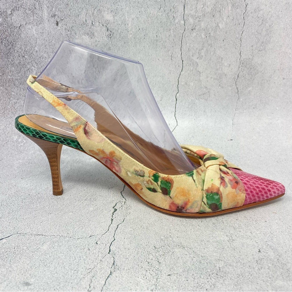 ❤️Beverly Feldman Silk Fabric and Snakeskin Leather Slingback Heels. Size 8 1/2 - Picture 3 of 13